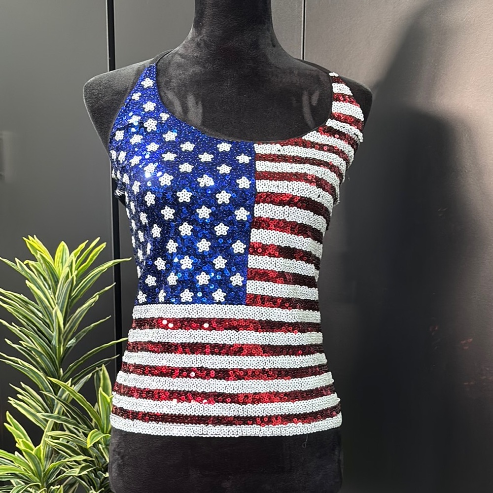 Miss Chievous American Flag Sequin Tank Top - Red, White, Blue